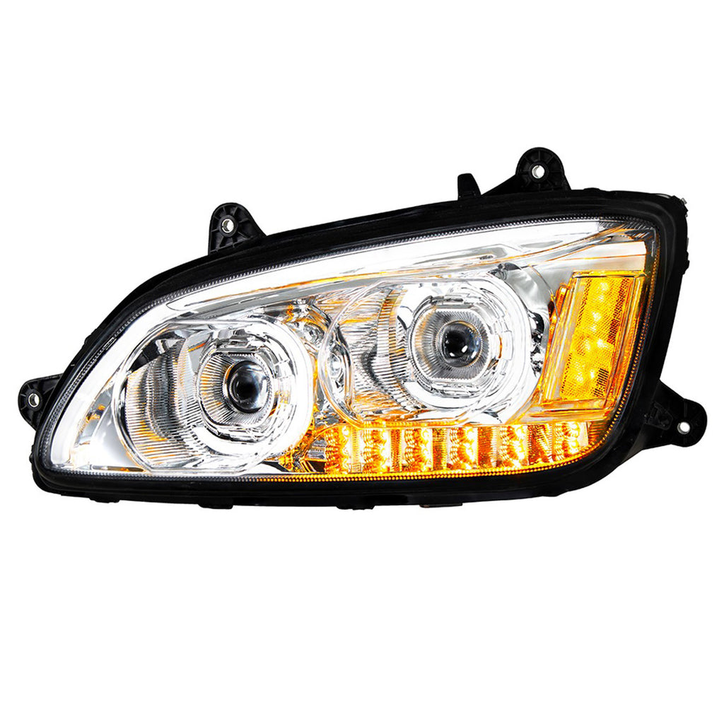 Chrome LED Headlight With LED Turn Signal & LED Position Light Bar For 2008-2017 Kenworth T660 (Driver or Passenger Side)