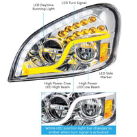 High Power LED Chrome Headlight w/ LED DRL & LED Turn Signal For 2008-2017 FL Cascadia (Driver or Passenger Side)