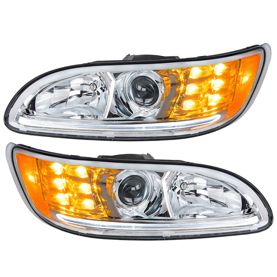 Chrome Projection Headlight w/ LED Turn & Position Light for 2005-2015 Peterbilt 386 (Driver or Passenger Side)
