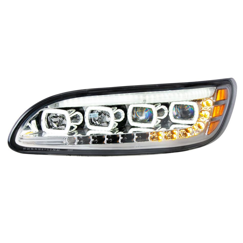 Chrome Quad-LED Headlight w/ LED DRL & Seq. Signal For 2005-2015 Peterbilt 386 (Driver or Passenger Side)