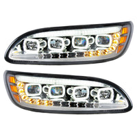 Chrome Quad-LED Headlight w/ LED DRL & Seq. Signal For 2005-2015 Peterbilt 386 (Driver or Passenger Side)