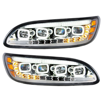 Chrome Quad-LED Headlight w/ LED DRL & Seq. Signal For 2005-2015 Peterbilt 386 (Driver or Passenger Side)