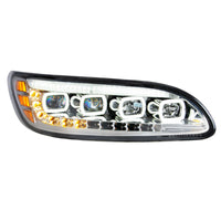 Chrome Quad-LED Headlight w/ LED DRL & Seq. Signal For 2005-2015 Peterbilt 386 (Driver or Passenger Side)