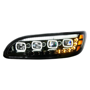 Black Quad-LED Headlight With LED DRL & Seq. Signal For 2005-2015 Peterbilt 386 (Driver or Passenger Side)