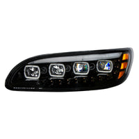 Black Quad-LED Headlight With LED DRL & Seq. Signal For 2005-2015 Peterbilt 386 (Driver or Passenger Side)