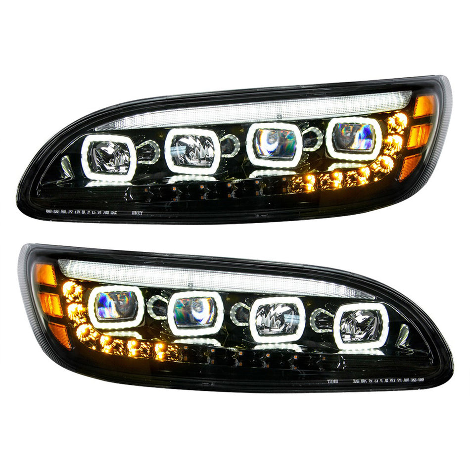 Black Quad-LED Headlight With LED DRL & Seq. Signal For 2005-2015 Peterbilt 386 (Driver or Passenger Side)