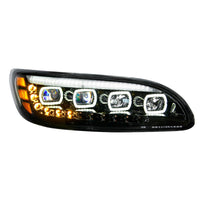 Black Quad-LED Headlight With LED DRL & Seq. Signal For 2005-2015 Peterbilt 386 (Driver or Passenger Side)