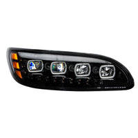 Black Quad-LED Headlight With LED DRL & Seq. Signal For 2005-2015 Peterbilt 386 (Driver or Passenger Side)