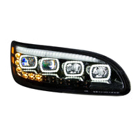 Black Quad-LED Headlight With LED DRL & Seq. Signal For 2005-2015 Peterbilt 386 (Driver or Passenger Side)