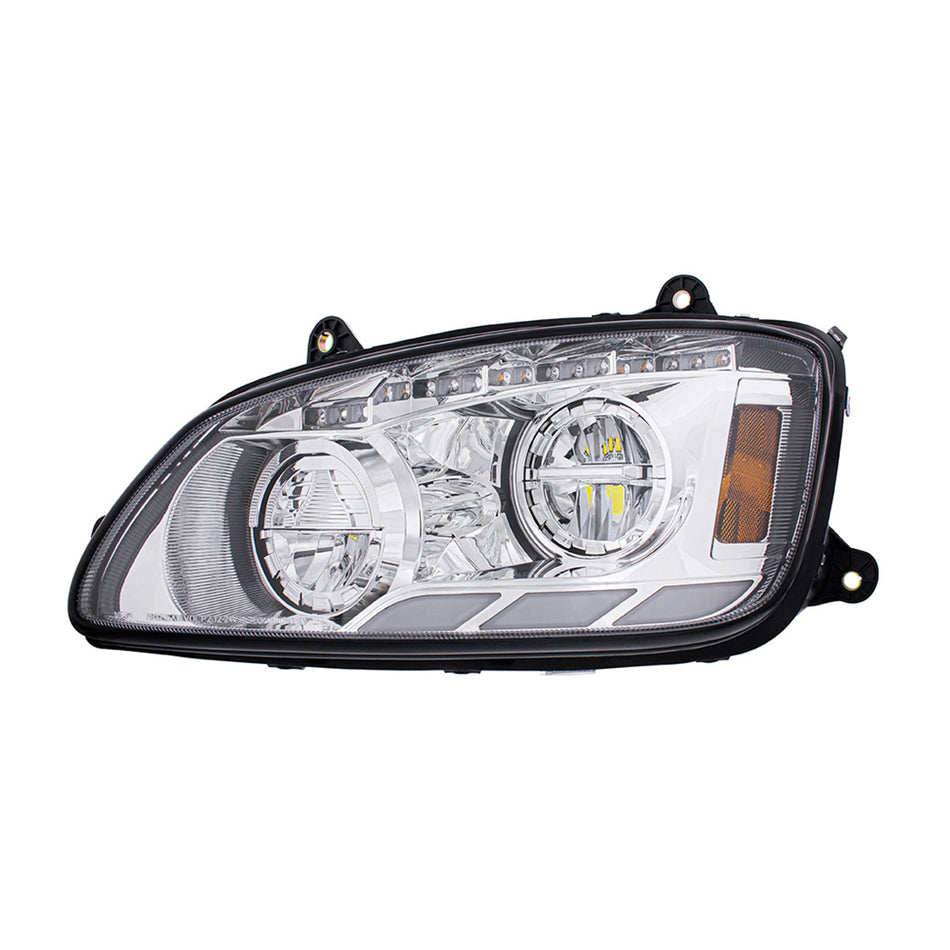 Chrome LED Headlight With Sequential Turn Signal & Position Light Bars For 2008-17 Kenworth T660 (Driver or Passenger Side)