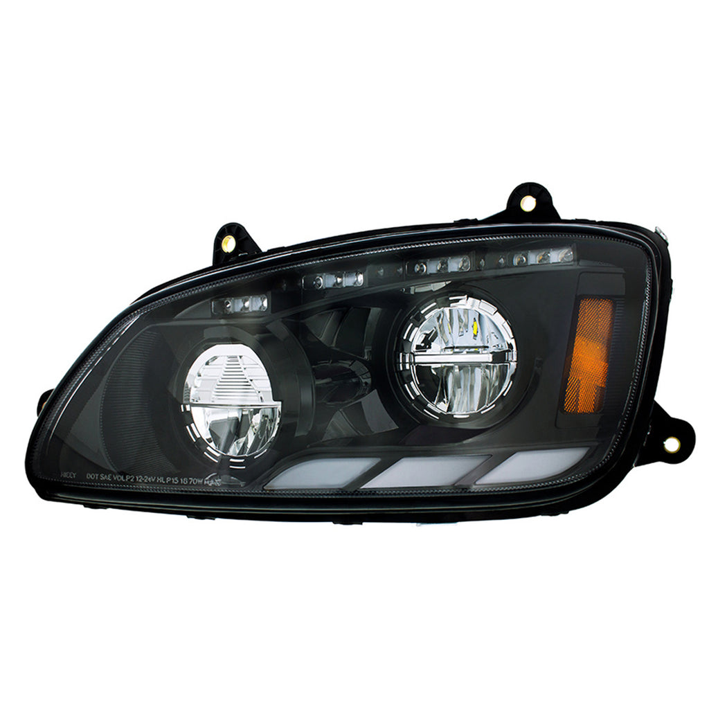 Black LED Headlight With Sequential Turn Signal & Position Light Bars For 2008-17 Kenworth T660