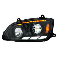 Black LED Headlight With Sequential Turn Signal & Position Light Bars For 2008-17 Kenworth T660