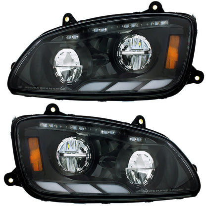 Black LED Headlight With Sequential Turn Signal & Position Light Bars For 2008-17 Kenworth T660