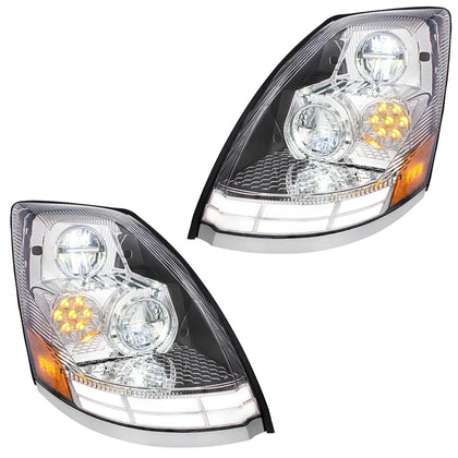 Chrome LED Headlight With Dual Color LED Light Bars For 2003-2017 Volvo VN/VNL