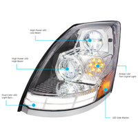 Chrome LED Headlight With Dual Color LED Light Bars For 2003-2017 Volvo VN/VNL