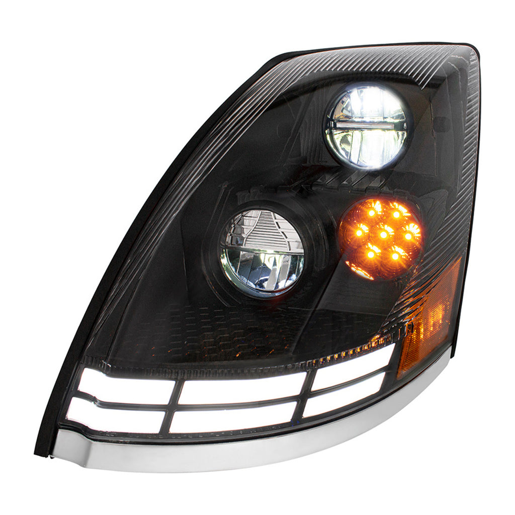 Black LED Headlight With Dual Color LED Light Bars For 2003-2017 Volvo VN/VNL (Driver or Passenger Side)