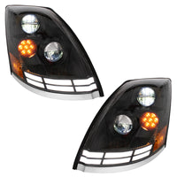Black LED Headlight With Dual Color LED Light Bars For 2003-2017 Volvo VN/VNL (Driver or Passenger Side)