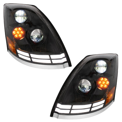 Black LED Headlight With Dual Color LED Light Bars For 2003-2017 Volvo VN/VNL (Driver or Passenger Side)