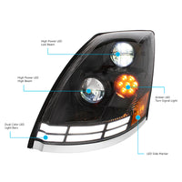 Black LED Headlight With Dual Color LED Light Bars For 2003-2017 Volvo VN/VNL (Driver or Passenger Side)