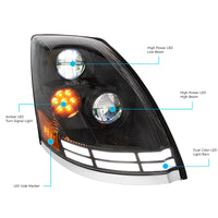 Black LED Headlight With Dual Color LED Light Bars For 2003-2017 Volvo VN/VNL (Driver or Passenger Side)