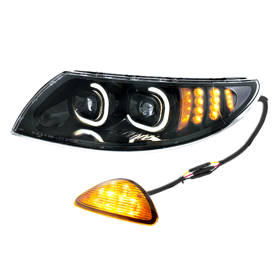 Black LED Projector Headlight With Rear Facing Turn Signal For International Durastar 2002-2018
