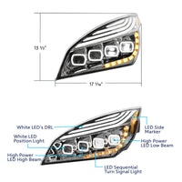 Chrome Quad-LED Headlight w/ LED DRL & Seq. Signal For 2018-2024 Freightliner Cascadia (Driver or Passenger Side)