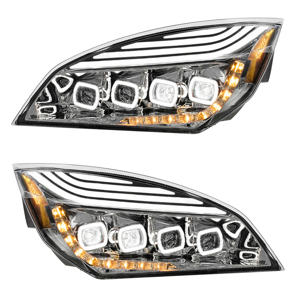 Chrome Quad-LED Headlight w/ LED DRL & Seq. Signal For 2018-2024 Freightliner Cascadia (Driver or Passenger Side)