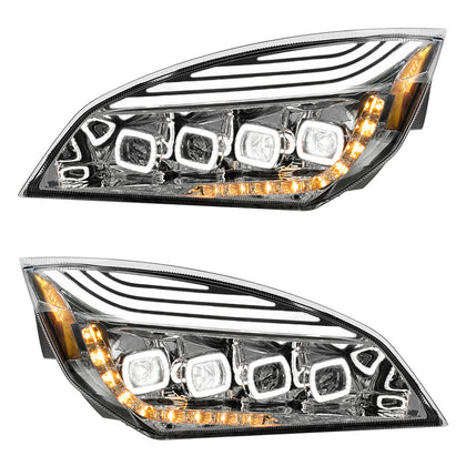 Chrome Quad-LED Headlight w/ LED DRL & Seq. Signal For 2018-2024 Freightliner Cascadia (Driver or Passenger Side)