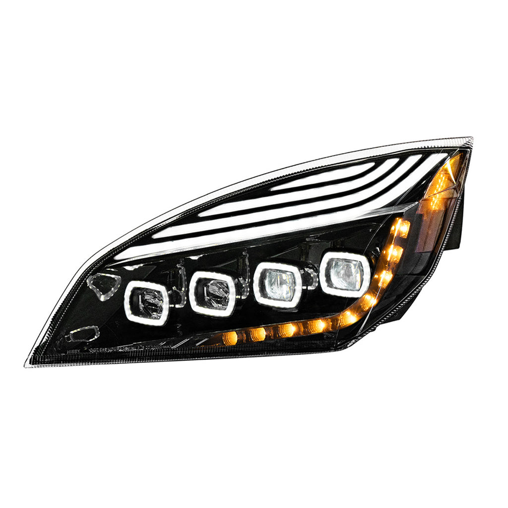 Black Quad-LED Headlight With LED DRL & Seq. Signal For 2018-2024 Freightliner Cascadia (Driver or Passenger Side)
