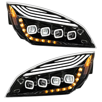 Black Quad-LED Headlight With LED DRL & Seq. Signal For 2018-2024 Freightliner Cascadia (Driver or Passenger Side)