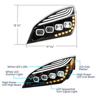Black Quad-LED Headlight With LED DRL & Seq. Signal For 2018-2024 Freightliner Cascadia (Driver or Passenger Side)