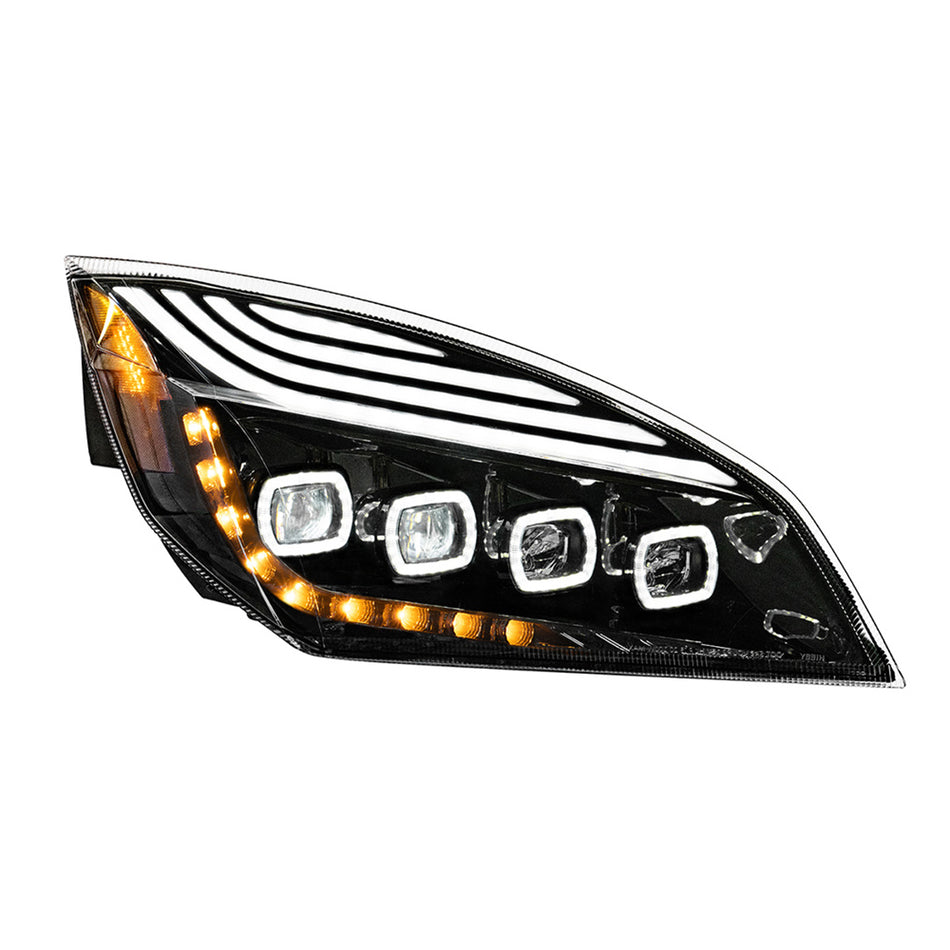 Black Quad-LED Headlight With LED DRL & Seq. Signal For 2018-2024 Freightliner Cascadia (Driver or Passenger Side)