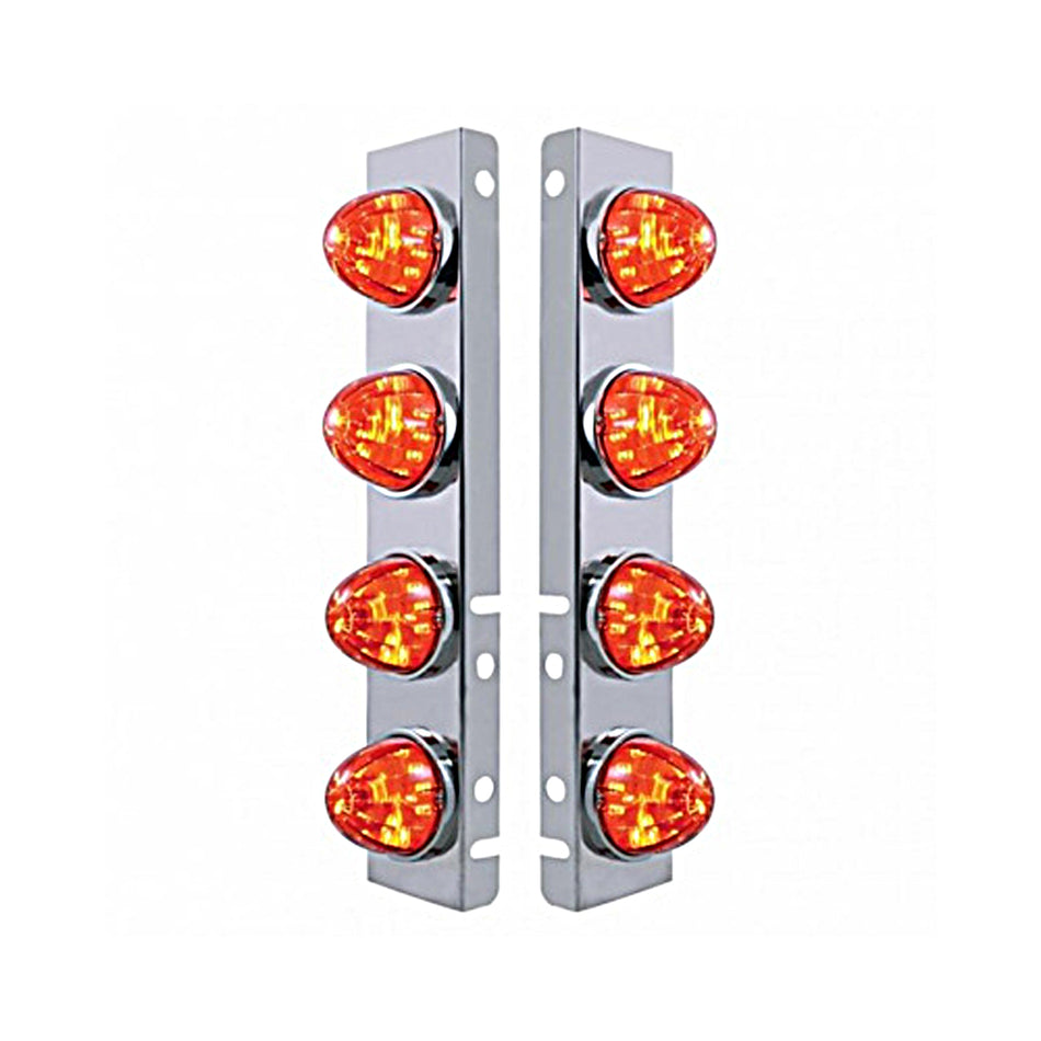 Stainless Steel Front Air Cleaner Bracket w/ 8 X 17 LED Watermelon Lights For Peterbilt Bezels or Visors - Amber LEDs (Dark Amber Lens)