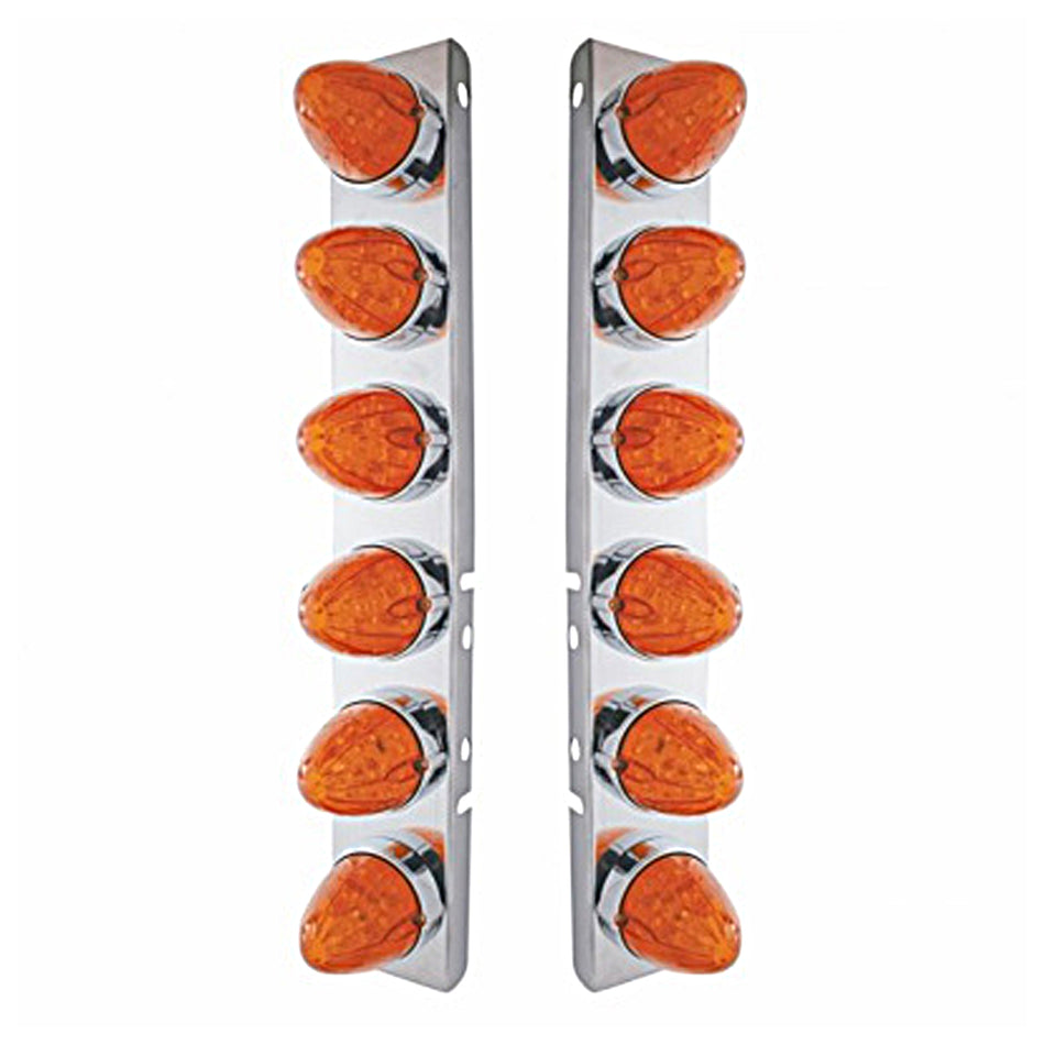 Stainless Steel Front Air Cleaner Bracket w/ 12 X 19 LED Watermelon Lights & Bezels For Peterbilt - Amber LEDs (Amber or Dark Amber Lens)