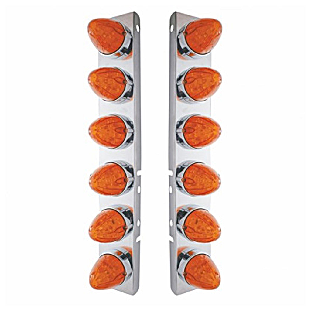 Stainless Steel Front Air Cleaner Bracket w/ 12 X 19 LED Watermelon Lights & Bezels For Peterbilt - Amber LEDs (Amber or Dark Amber Lens)