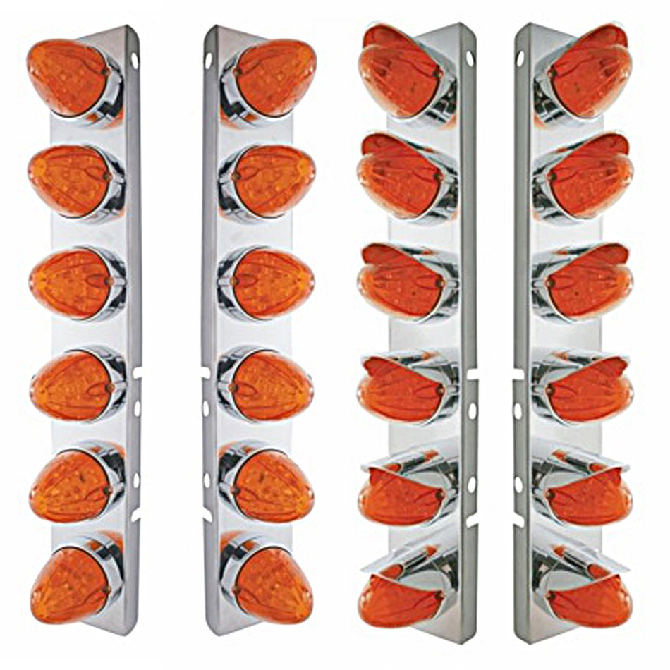Stainless Steel Front Air Cleaner Bracket w/ 12 X 19 LED Watermelon Lights & Bezels For Peterbilt - Amber LEDs (Amber or Dark Amber Lens)