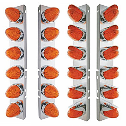 Stainless Steel Front Air Cleaner Bracket w/ 12 X 19 LED Watermelon Lights & Bezels For Peterbilt - Amber LEDs (Amber or Dark Amber Lens)