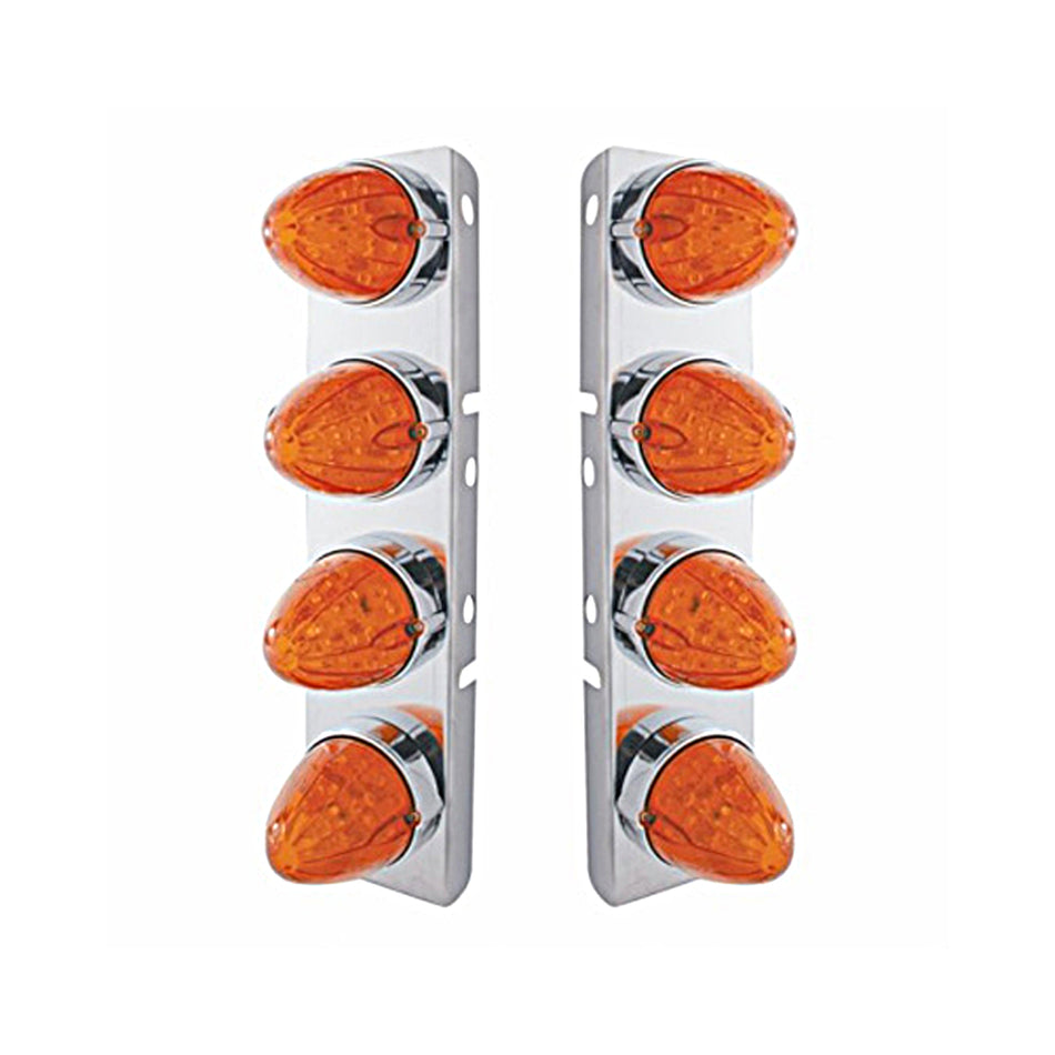 Stainless Steel Front Air Cleaner Bracket w/ 8 X 19 LED Watermelon Lights & Bezels or Visors For Peterbilt - Amber LEDs (Dark Amber Lens)