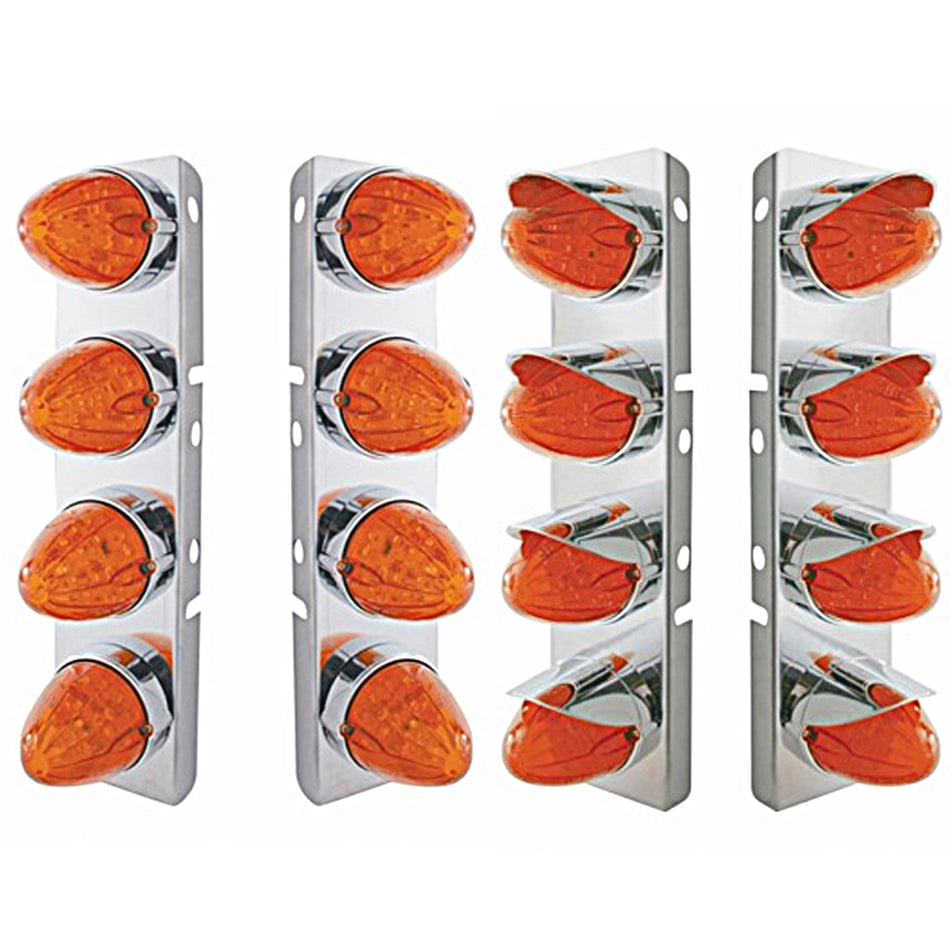 Stainless Steel Front Air Cleaner Bracket w/ 8 X 19 LED Watermelon Lights & Bezels or Visors For Peterbilt - Amber LEDs (Dark Amber Lens)