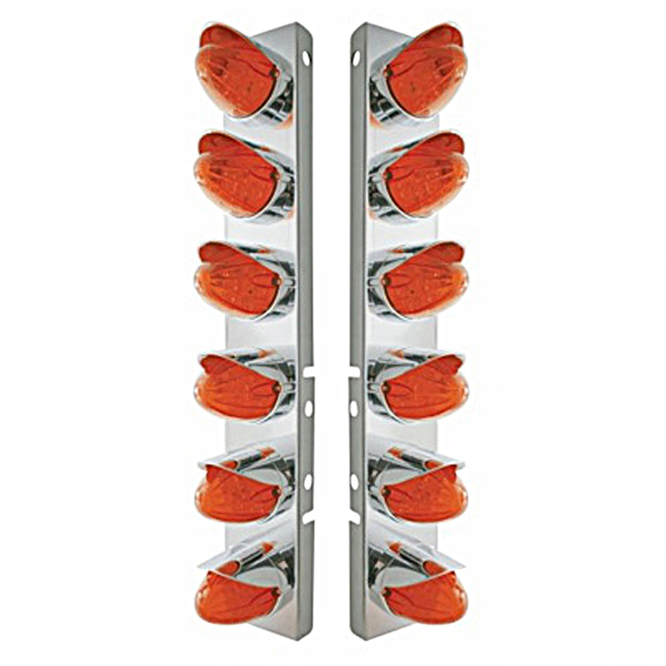 Stainless Steel Front Air Cleaner Bracket w/ 12 X 19 LED Watermelon Lights & Bezels For Peterbilt - Amber LEDs (Amber or Dark Amber Lens)