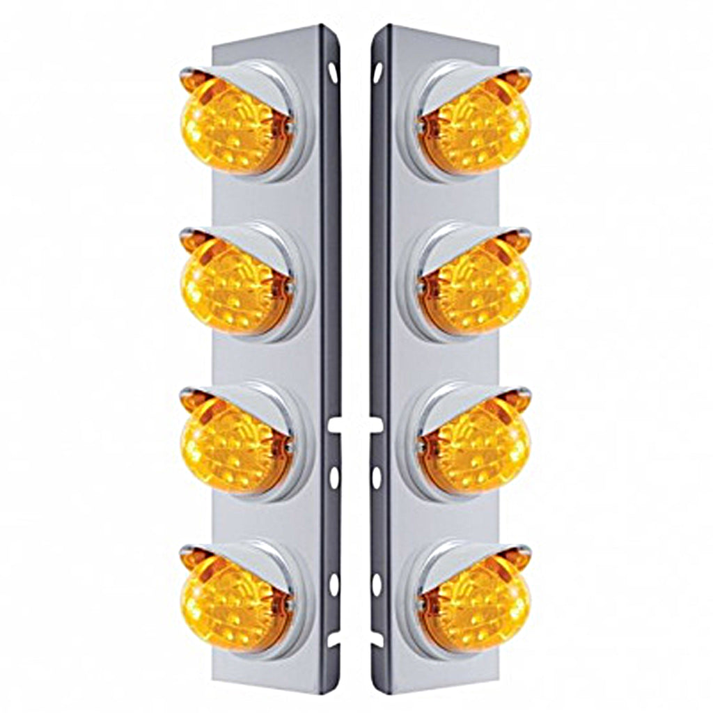 Stainless Steel Front Air Cleaner Bracket w/ 8 X 17 LED Reflector Lights & Visors For Peterbilt - Amber LEDs (Amber or Clear Lens)