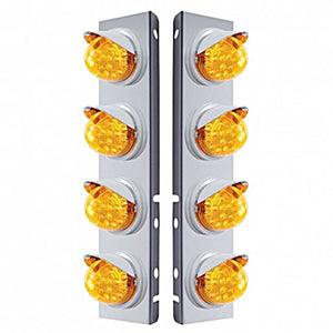 Stainless Steel Front Air Cleaner Bracket w/ 8 X 17 LED Reflector Lights & Visors For Peterbilt - Amber LEDs (Amber or Clear Lens)