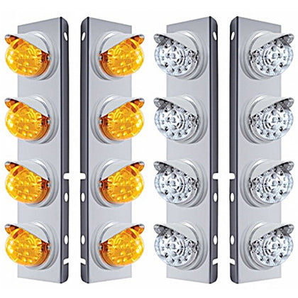 Stainless Steel Front Air Cleaner Bracket w/ 8 X 17 LED Reflector Lights & Visors For Peterbilt - Amber LEDs (Amber or Clear Lens)