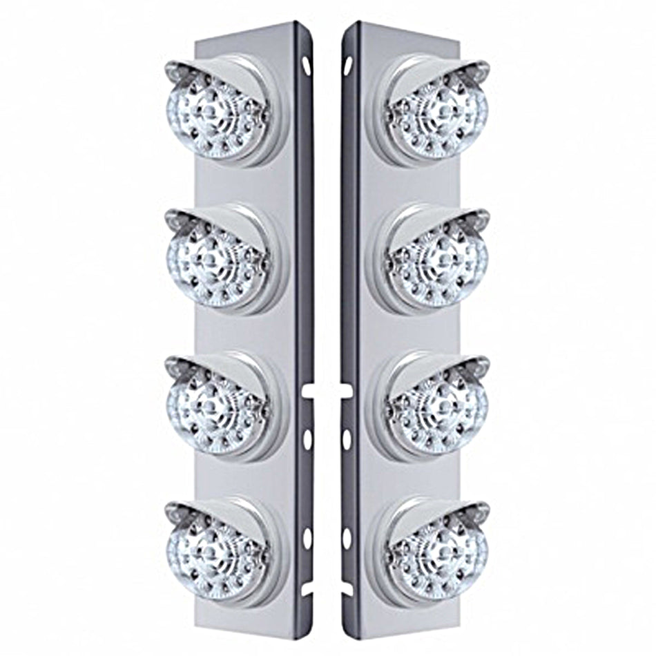 Stainless Steel Front Air Cleaner Bracket w/ 8 X 17 LED Reflector Lights & Visors For Peterbilt - Amber LEDs (Amber or Clear Lens)