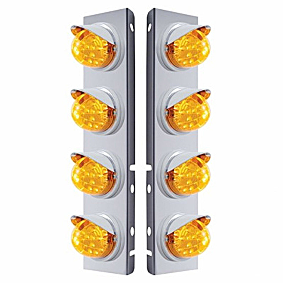 Stainless Steel Front Air Cleaner Bracket w/ 8 X 17 Amber LED Dual Reflector Lights & Visors For Peterbilt (Amber or Clear Lens)