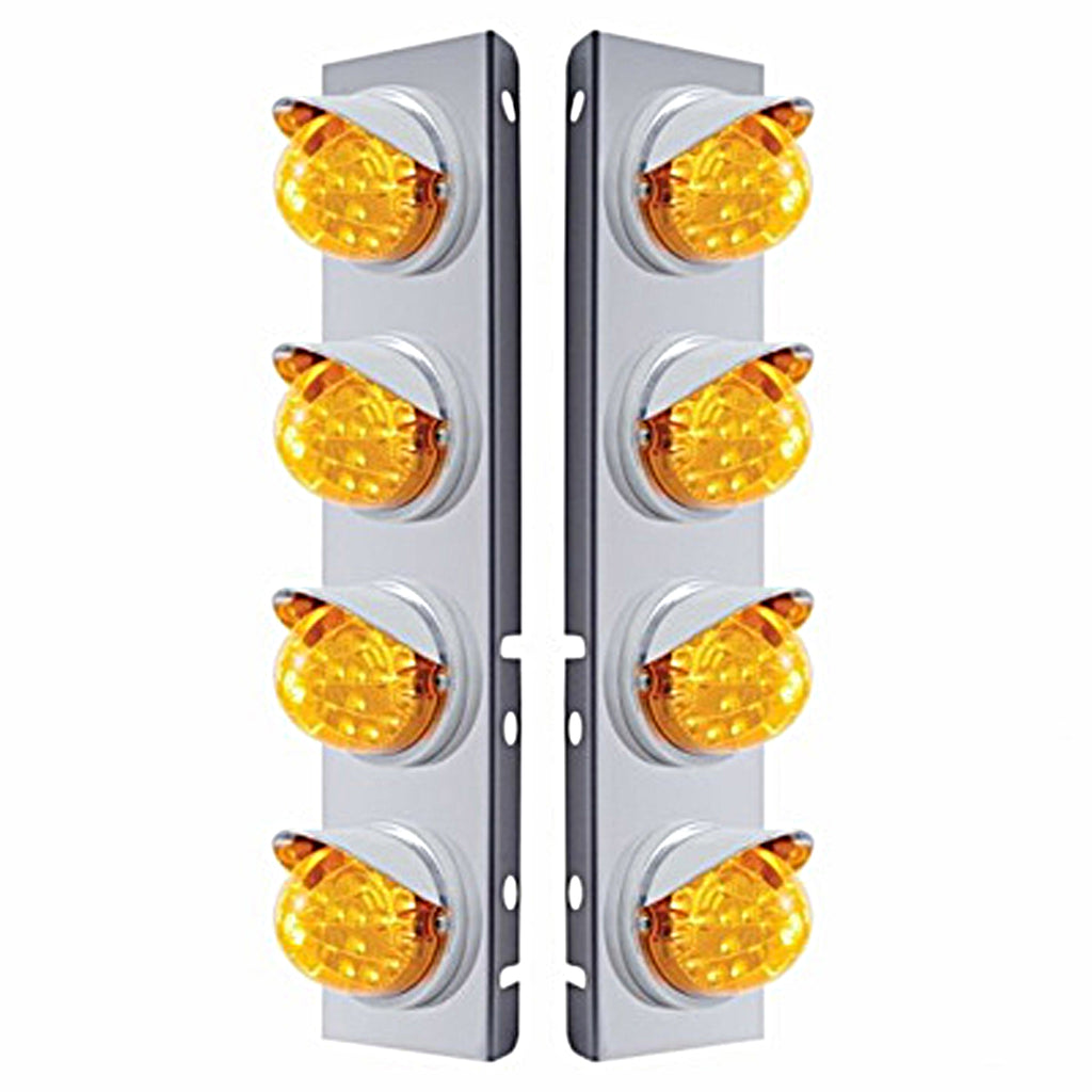 Stainless Steel Front Air Cleaner Bracket w/ 8 X 17 Amber LED Dual Reflector Lights & Visors For Peterbilt (Amber or Clear Lens)