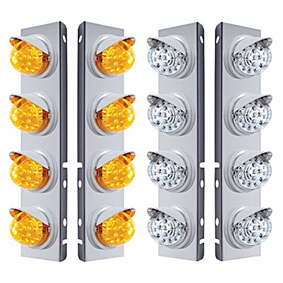 Stainless Steel Front Air Cleaner Bracket w/ 8 X 17 Amber LED Dual Reflector Lights & Visors For Peterbilt (Amber or Clear Lens)