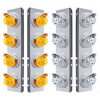 Stainless Steel Front Air Cleaner Bracket w/ 8 X 17 Amber LED Dual Reflector Lights & Visors For Peterbilt (Amber or Clear Lens)
