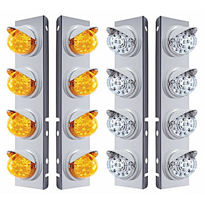 Stainless Steel Front Air Cleaner Bracket w/ 8 X 17 Amber LED Dual Reflector Lights & Visors For Peterbilt (Amber or Clear Lens)