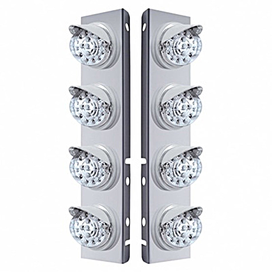 Stainless Steel Front Air Cleaner Bracket w/ 8 X 17 Amber LED Dual Reflector Lights & Visors For Peterbilt (Amber or Clear Lens)